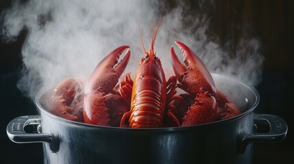 Steaming Red Lobster in a Silver Pot