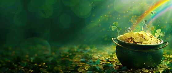 Pot of Gold at the End of the Rainbow with Shamrocks and Golden Coins