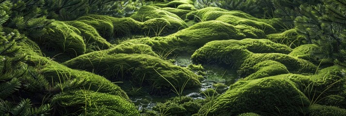 Wall Mural - Lush green moss covers the ground, creating an enchanting scene reminiscent of a charming miniature pine forest from a fairytale, revealing a world of intricate beauty.