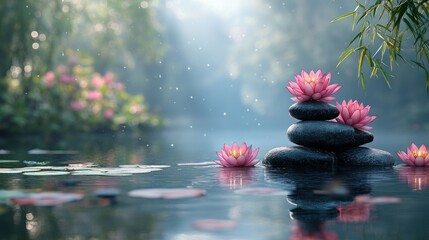 Poster - Zen Pond with Lotus Flowers and Stacked Stones