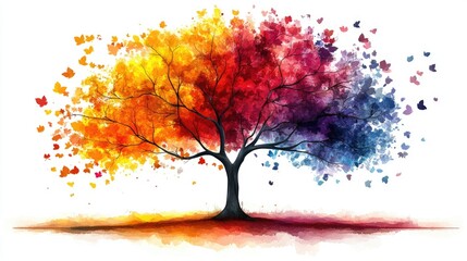 Canvas Print - Colorful Autumn Tree with Falling Leaves