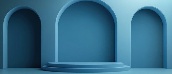 Poster - Blue Wall with Arched Recesses and Two-Step Platform