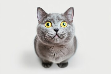 Wall Mural - A grey cat with yellow eyes is sitting on a white background. The cat's eyes are wide open, giving it a curious and alert appearance