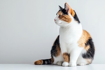 Wall Mural - A calico cat with a white face and black and orange fur sits on a white surface. The cat has a calm and relaxed demeanor, looking off into the distance