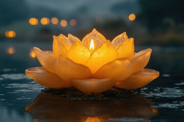 Sticker - A Single Lotus Candle Floating in Still Water