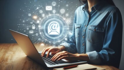 Wall Mural - A person wearing a denim shirt, typing on a laptop keyboard, email icons and symbols hovering over the laptop screen, conceptual digital communication illustration, digital art, sharp focus