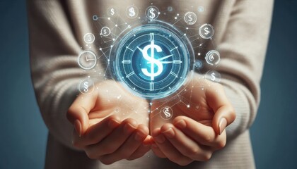 Wall Mural - A close-up view of hands cupping a holographic clock icon surrounded by dollar signs, time management, financial planning, investment strategy, minimalist futuristic concept