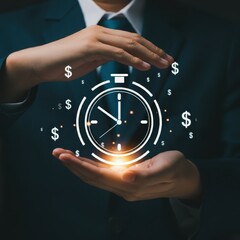 A close-up view of hands cupping a holographic clock icon surrounded by dollar signs, time management, financial planning, investment strategy, minimalist futuristic concept