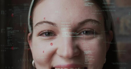 Sticker - Animation of data processing over caucasian woman smiling