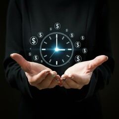 Wall Mural - A close-up view of hands cupping a holographic clock icon surrounded by dollar signs, time management, financial planning, investment strategy, minimalist futuristic concept