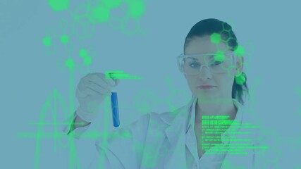 Poster - Animation of scientific data processing over caucasian female scientist in laboratory