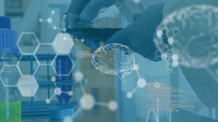Poster - Animation of scientific data processing and human brains over male scientist in laboratory