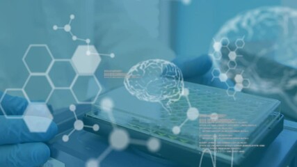 Poster - Animation of scientific data processing and human brains over scientist in laboratory