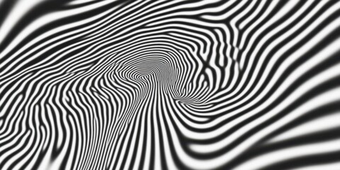 Wall Mural - Abstract black and white ripple pattern, undulating lines, hypnotic spiral, organic fluid texture, wavy distorted surface, optical illusion, monochrome fractal design