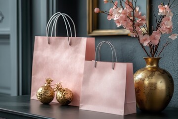 Wall Mural - Pink Shopping Bags and Gold Vase with Flowers