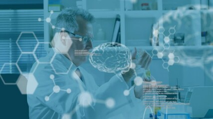 Poster - Animation of scientific data processing and human brains over caucasian male scientist in laboratory