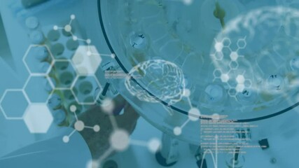 Poster - Animation of scientific data processing and human brains over scientist in laboratory