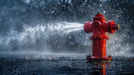 A red fire hydrant is spraying water in a powerful jet, creating a misty cloud against a dark, rainy background.