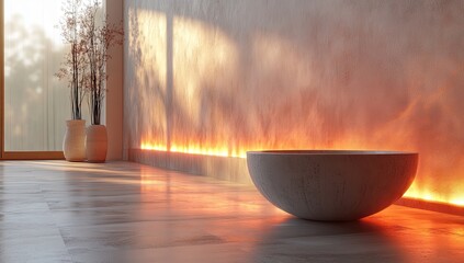 Sticker - Minimalist Bathroom Interior with  a Concrete Bathtub and Warm Lighting