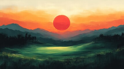 Canvas Print - Sunrise on Golf Course, Minimalist Painting with Bold Colors and Simple Shapes