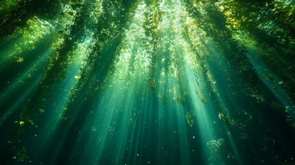 Sunbeams Illuminating Underwater Seaweed Forest