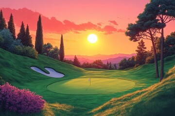 Wall Mural - Sunrise on Golf Course, Minimalist Painting with Bold Colors and Simple Shapes