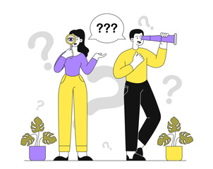 People peeping concept. Woman with magnifying glass and man with binoculars look into distance. Searching and discovering, exploration. Linear vector illustration