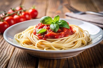 Plate of pasta with tomato sauce and basil leaves