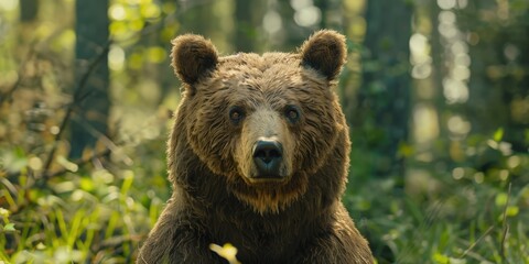 Wall Mural - Intrigued Brown Bear in the Woods Establishing Eye Contact with Observer