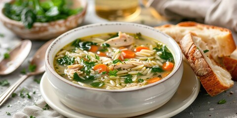 Canvas Print - Chicken Orzo Soup Served in a White Plate with Fresh Bread