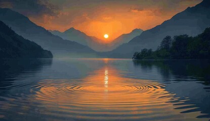 Wall Mural - Sunset Over Mountain Lake