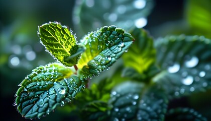 Delectable mint leaves glistening with water droplets in soft natural light, showcasing vibrant freshness and intricate details