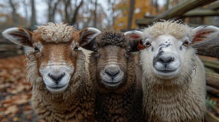 Three sheep of different colors looking at the camera.