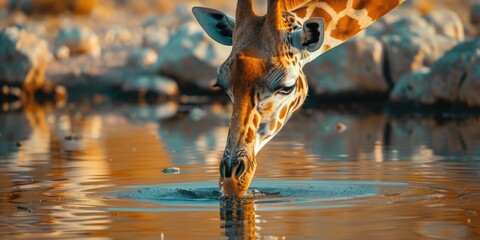 Wall Mural - Close-up of a giraffe drinking water from a body of water on a hot day.