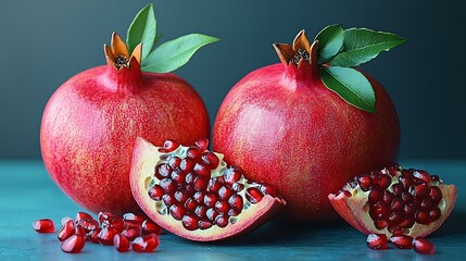 Two whole pomegranates, one sliced open, and loose seeds on a teal surface with green leaves.