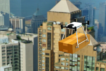 Drone delivering parcel box in urban city, futuristic express delivery, 3D rendering.