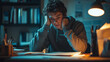 © pattozher - A single student sitting at a desk in a quiet exam room, intensely focused on their test paper