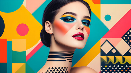 Bold art design featuring a vibrant portrait of a woman with dramatic makeup The composition utilizes colorful geometric patterns creating a lively urban aesthetic