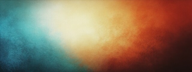 An abstract gradient background blending warm earthy tones of orange and red with deep cool shades of blue and teal, textured like vintage distressed film or weathered canvas, hyperrealistic, highly