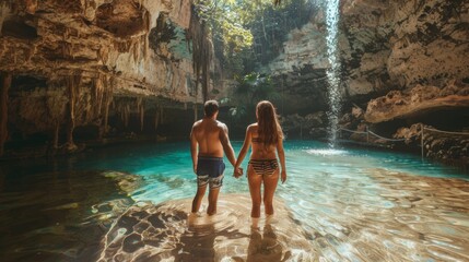 beautiful couple in a cenote of crystal clear water