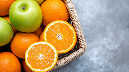 Freshly picked apples and oranges in basket create vibrant and colorful display. bright oranges and crisp green apples evoke sense of freshness and health