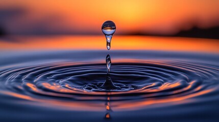 Canvas Print - Water Drop Splashing in a Calm Pond at Sunset