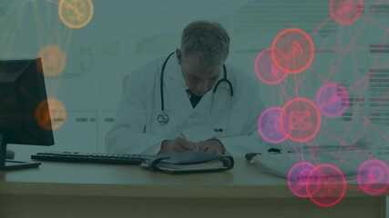 Poster - Animation of network of connections with icons over caucasian male doctor writing
