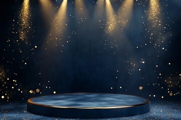 Wall Mural - dark blue stage with golden spotlight lines and glitter texture for award ceremony design. realistic