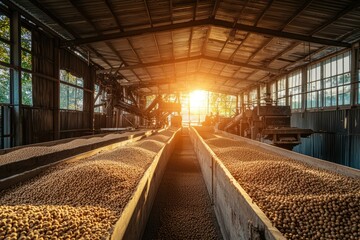 Sunlit Industrial Conveyor Belts Filled with Brown Round Objects