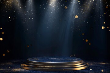 Wall Mural - dark blue stage with golden spotlight lines and glitter texture for award ceremony design. realistic