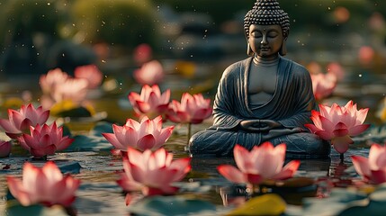 Poster - Buddha Statue in Lotus Pond