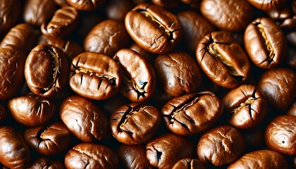 Rich texture of roasted coffee beans in close-up, showcasing deep brown hues and inviting aromas.