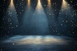 © Fathor - Dark blue stage with golden spotlight lines and glitter texture for award ceremony design. Realistic 3d abstract premium elegant glamour background.generative ai