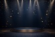 © Fathor - Dark blue stage with golden spotlight lines and glitter texture for award ceremony design. Realistic 3d abstract premium elegant glamour background.generative ai